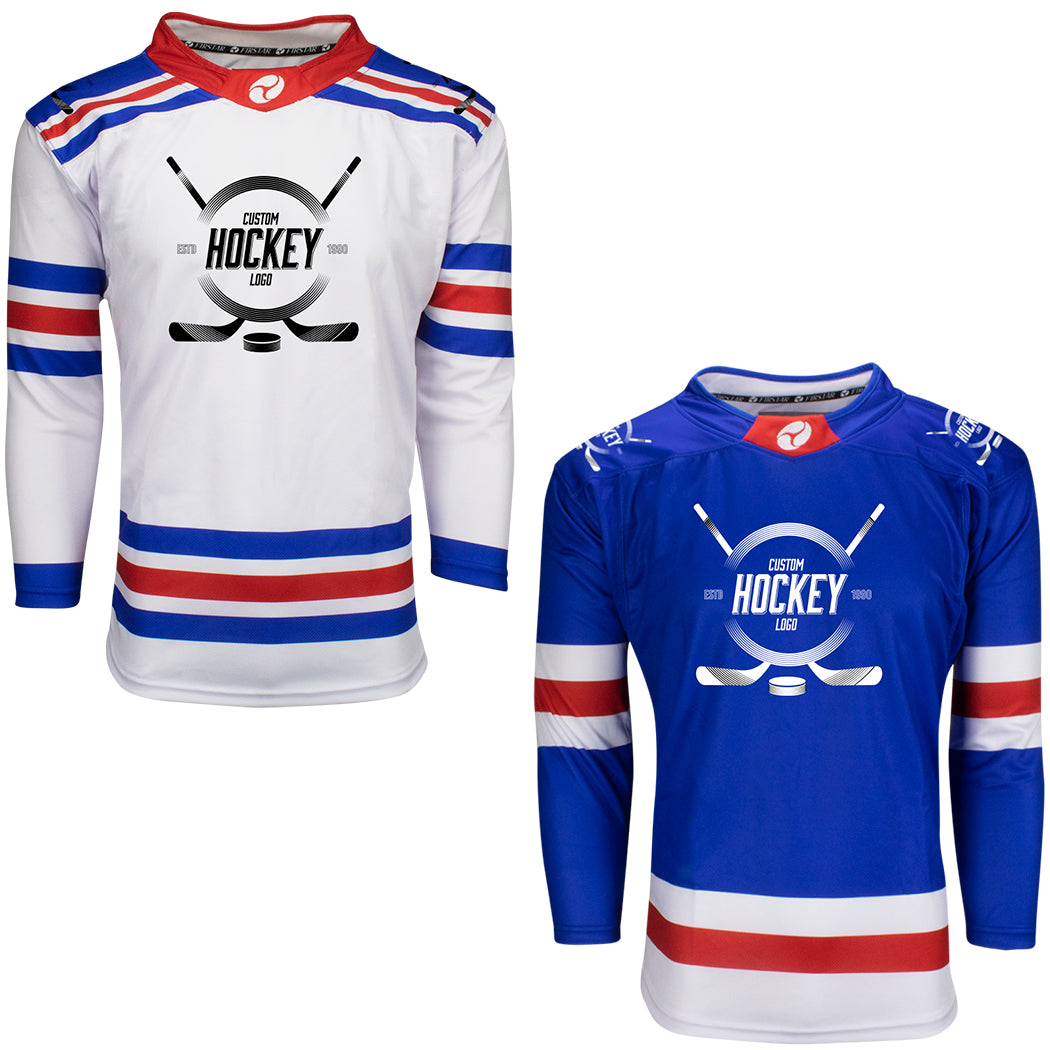 Custom Light Blue White-Red Hockey Jersey Discount